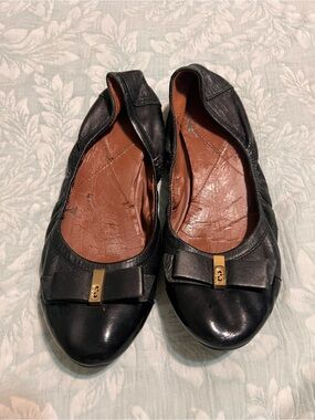 Cole Haan Black Leather Bow Ballet Flats with Gold Accent Size 7.5